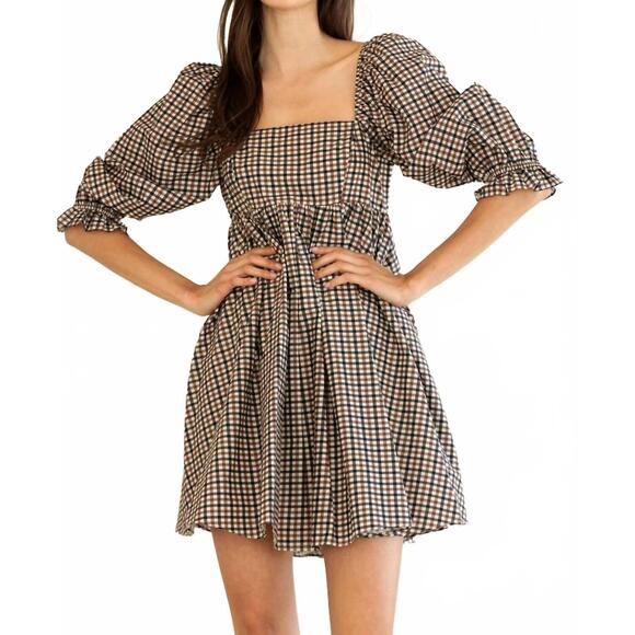NEW STORIA florence mini dress in navy brown gingham - Picture 4 of 7